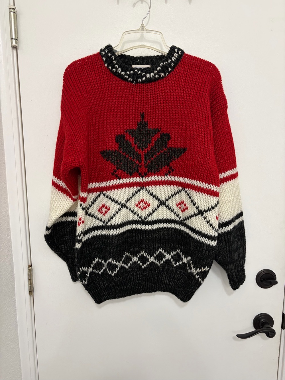 Vintage large, chunky crewneck, hand, stitched Red &blue Patterned Knit Sweater